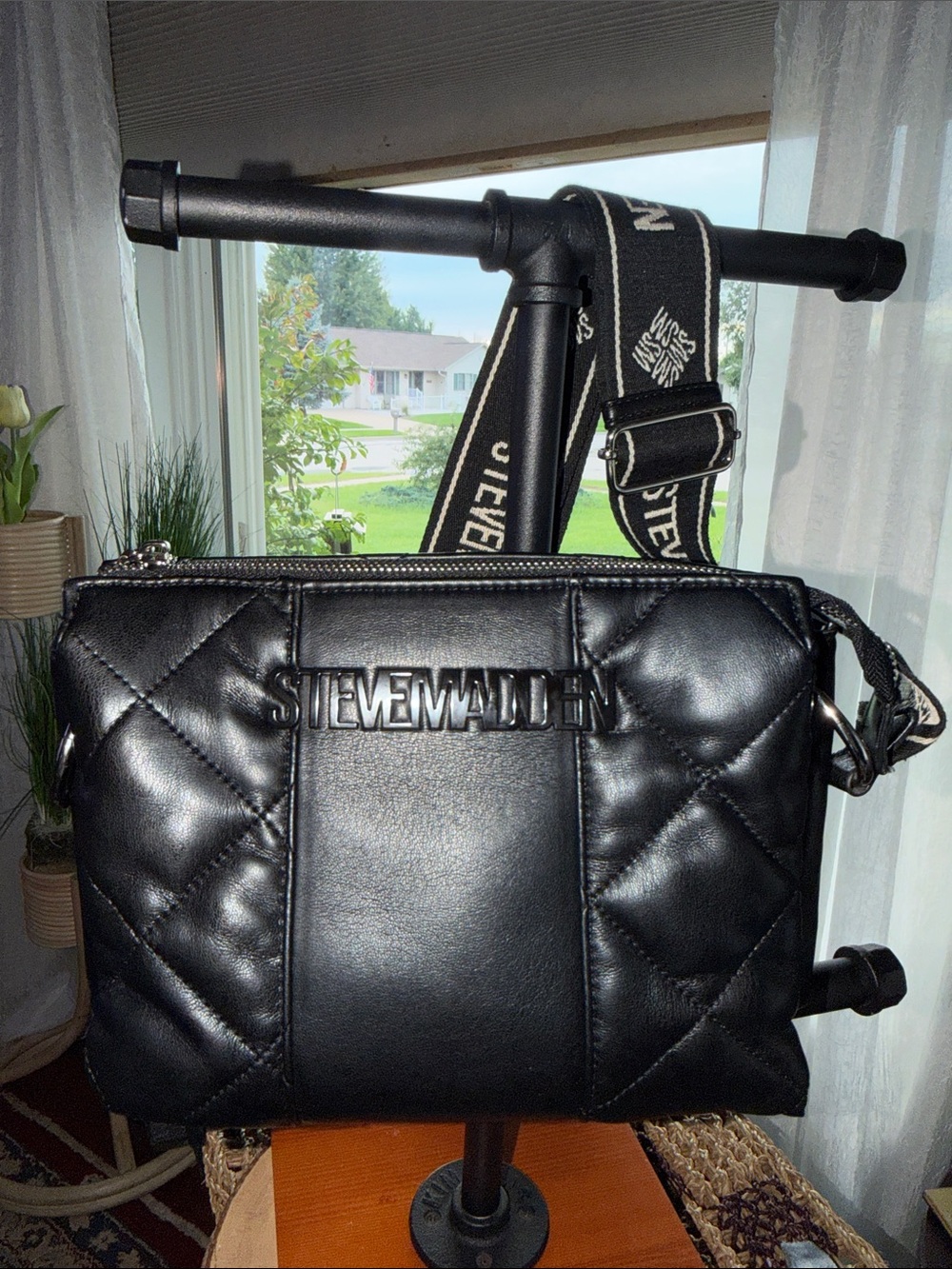 Steve Madden Black Quilted Crossbody Messenger Bag with Logo Strap